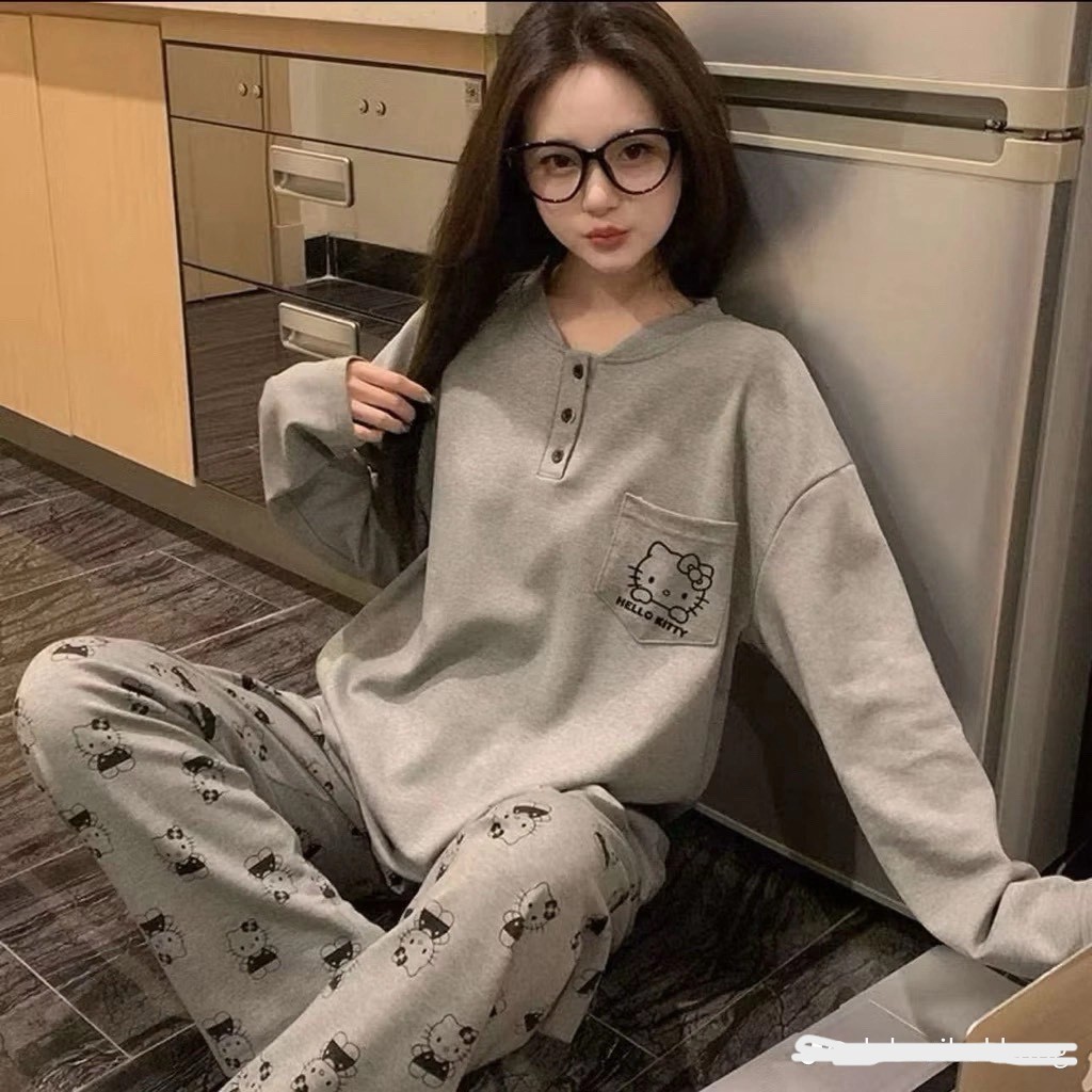 Sét bộ thun Mèo KITTY phối cúc cổ From dáng rộng xinh xắn dễ thương-Sét bộ đồ pijama siêu cute