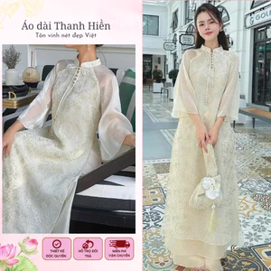Áo dài cách tân 4 tà voan ren thêu nổi (AK28), áo dài Tết 2026 phối cúc ngọc tay loe thanh lịch Áo dài Thanh Hiền
