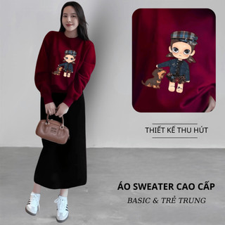 Set Bộ Nỉ Nữ Thu Đông CHEPOL Cổ Tròn, In Hình Baby, Chất Nỉ Nhung Cao Cấp ( Áo Sweater Đỏ Đô + Chân Váy Suông)-CP_17872