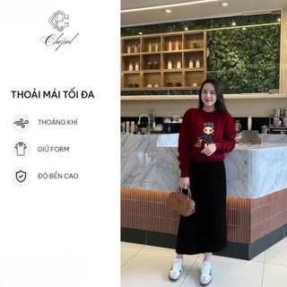Set Bộ Nỉ Nữ Thu Đông CHEPOL Cổ Tròn, In Hình Baby, Chất Nỉ Nhung Cao Cấp ( Áo Sweater Đỏ Đô + Chân Váy Suông)-CP_17872