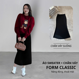 Set Bộ Nỉ Nữ Thu Đông CHEPOL Cổ Tròn, In Hình Baby, Chất Nỉ Nhung Cao Cấp ( Áo Sweater Đỏ Đô + Chân Váy Suông)-CP_17872