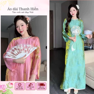 Áo dài dáng suông TƯỜNG XUÂN cổ ngọc tay loe (AK22), áo dài lụa tơ ánh kim nhăn tự nhiên Áo dài Thanh Hiền