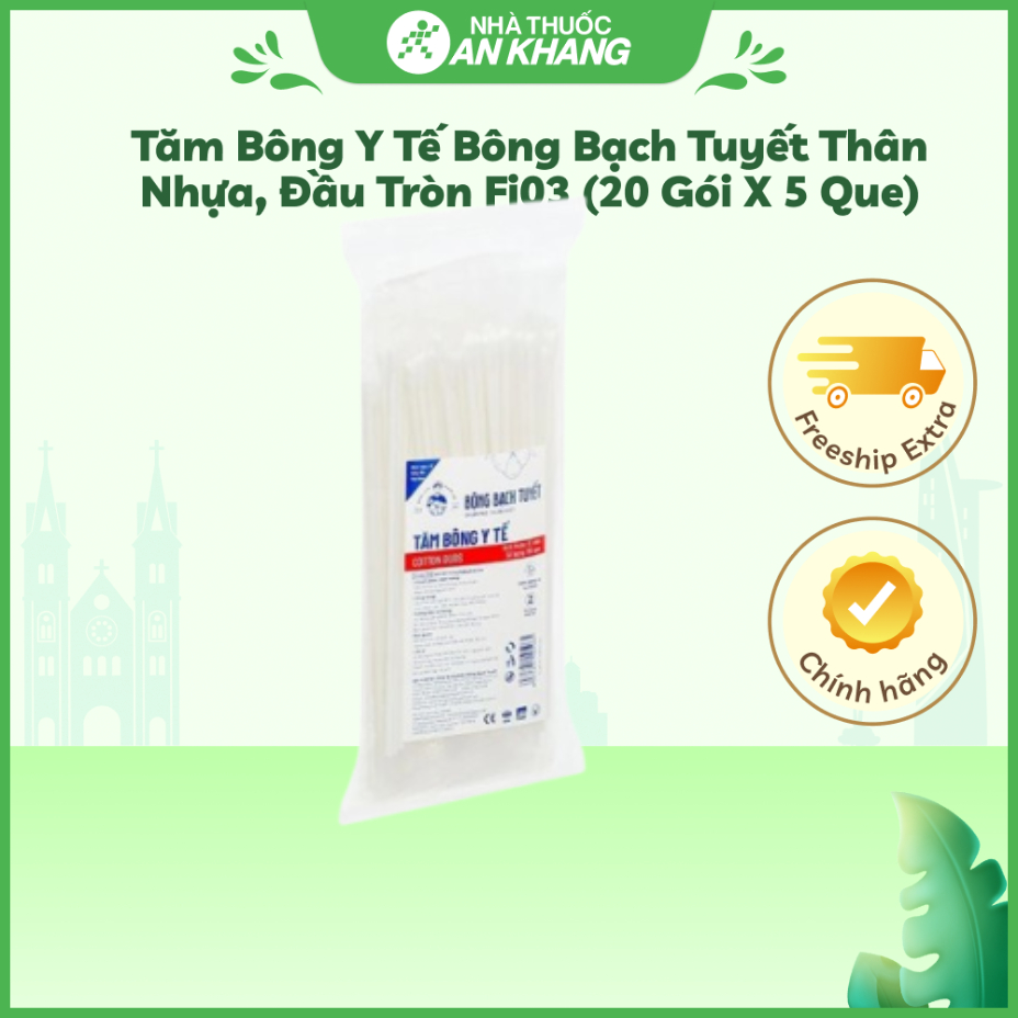Tăm bông y tế Bông Bạch Tuyết thân nhựa, đầu tròn Fi03 (20 gói x 5 que)