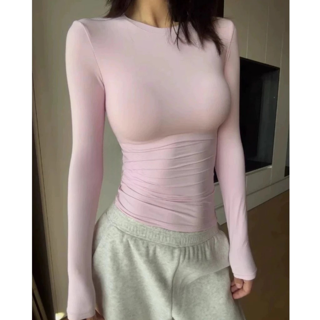 [Peinn] Áo Thắt Eo Dài Tay Ôm Cotton Trơn Nữa S/M/L - Women, Top Cổ Tròn 12 THÁNG SÁU MA2888