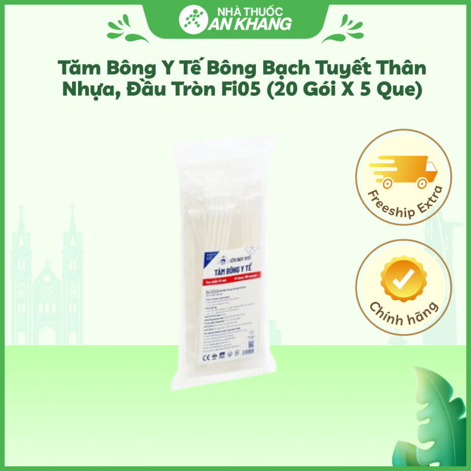 Tăm bông y tế Bông Bạch Tuyết thân nhựa, đầu tròn Fi05 (20 gói x 5 que)