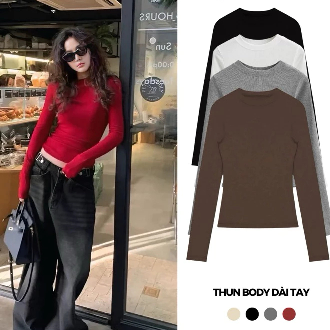 [Peinn] Áo Thắt Eo Dài Tay Ôm Cotton Trơn Nữa S/M/L - Women, Top Cổ Tròn 12 THÁNG SÁU MA2888