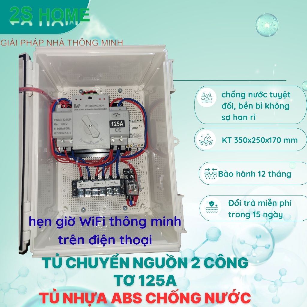 Tủ NHỰA NGOÀI TRỜI chuyển nguồn 2 công tơ 125A- cầu dao chuyển tự động 2 công tơ- TỦ NHỰA ABS CHỐNG NƯỚC- CHỐNG HAN RỈ