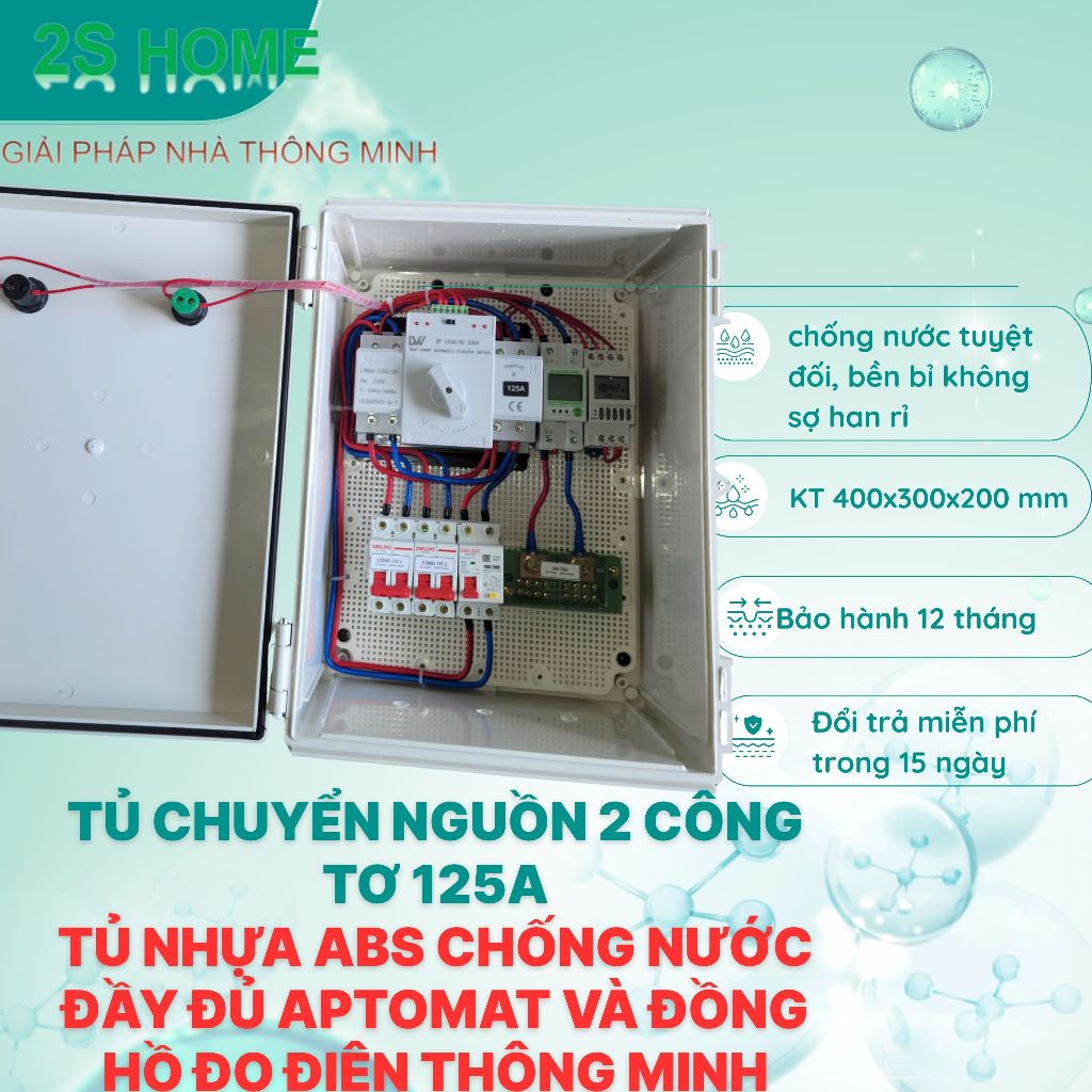Tủ NHỰA NGOÀI TRỜI chuyển nguồn 2 công tơ 125A- cầu dao chuyển tự động 2 công tơ- TỦ NHỰA ABS CHỐNG NƯỚC- CHỐNG HAN RỈ