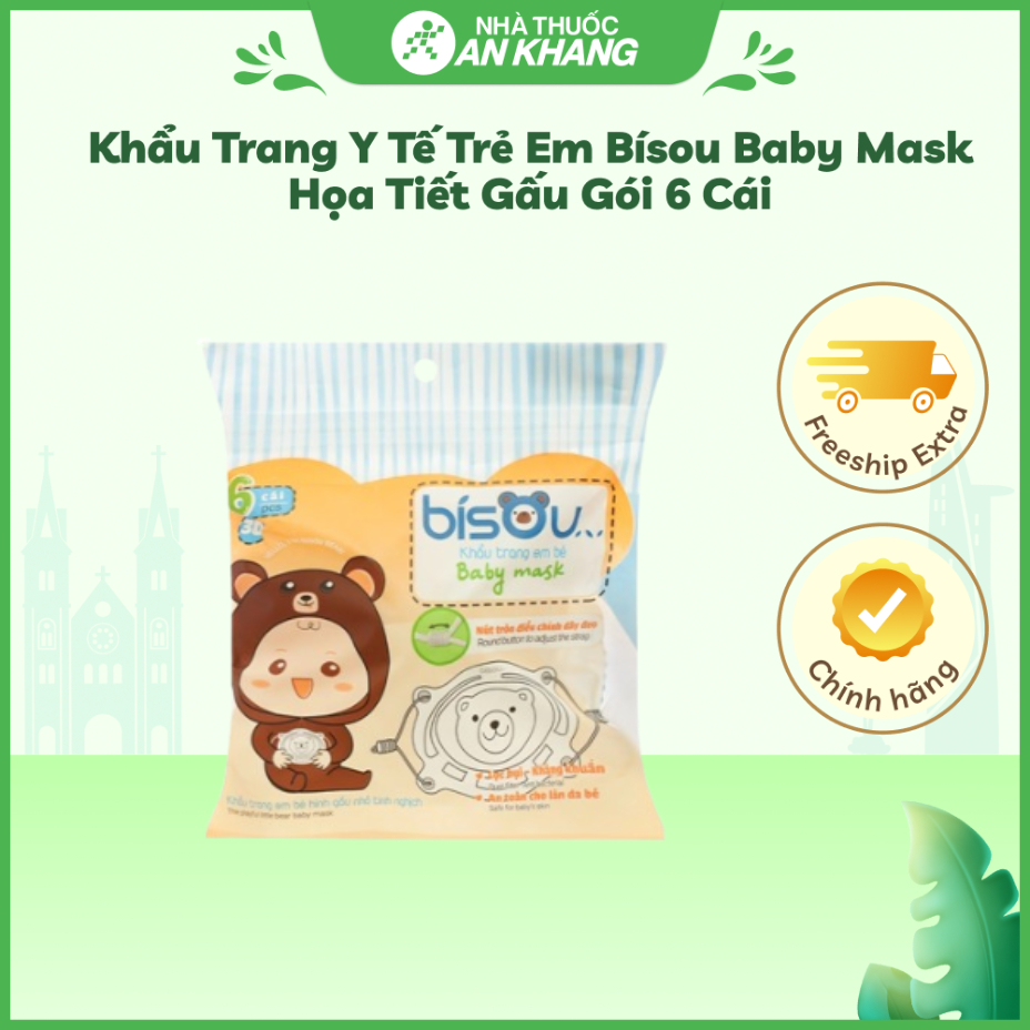 Khẩu trang y tế trẻ em Bísou Baby mask họa tiết gấu gói 6 cái