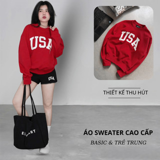 Set Bộ Nỉ Nữ Thu Đông CHEPOL Cổ Tròn, In Chữ USA, Chất Nỉ Nhung Cao Cấp ( Áo Sweater Đỏ Đô + Quần Đùi Đen)-CP_10727
