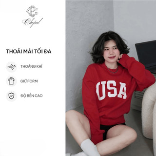 Set Bộ Nỉ Nữ Thu Đông CHEPOL Cổ Tròn, In Chữ USA, Chất Nỉ Nhung Cao Cấp ( Áo Sweater Đỏ Đô + Quần Đùi Đen)-CP_10727