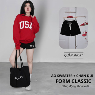 Set Bộ Nỉ Nữ Thu Đông CHEPOL Cổ Tròn, In Chữ USA, Chất Nỉ Nhung Cao Cấp ( Áo Sweater Đỏ Đô + Quần Đùi Đen)-CP_10727