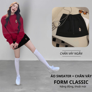 Set Bộ Nỉ Nữ Thu Đông CHEPOL Cổ Tròn, In Chú Gấu, Chất Nỉ Nhung Cao Cấp ( Áo Sweater Đỏ Đô + Chân Váy Ngắn Đen)-CP_16665