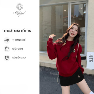 Set Bộ Nỉ Nữ Thu Đông CHEPOL Cổ Tròn, In Chú Gấu, Chất Nỉ Nhung Cao Cấp ( Áo Sweater Đỏ Đô + Chân Váy Ngắn Đen)-CP_16665
