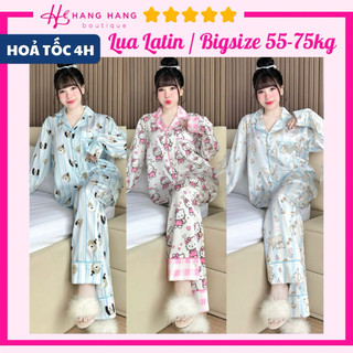 Đồ ngủ nữ bigsize 55-75kg, pijama dài dài chạy viền kèm cột tóc lụa latin mịn mát 75DD41, đồ bộ nữ đồ mặc nhà dễ thương