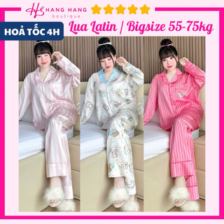 Đồ ngủ nữ bigsize 55-75kg, pijama dài dài chạy viền kèm cột tóc lụa latin mịn mát 75DD41, đồ bộ nữ đồ mặc nhà dễ thương