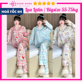 Đồ ngủ nữ bigsize 55-75kg, pijama dài dài chạy viền kèm cột tóc lụa latin mịn mát 75DD41, đồ bộ nữ đồ mặc nhà dễ thương