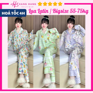 Đồ ngủ nữ bigsize 55-75kg, pijama dài dài chạy viền kèm cột tóc lụa latin mịn mát 75DD41, đồ bộ nữ đồ mặc nhà dễ thương