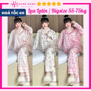 Đồ ngủ nữ bigsize 55-75kg, pijama dài dài chạy viền kèm cột tóc lụa latin mịn mát 75DD41, đồ bộ nữ đồ mặc nhà dễ thương