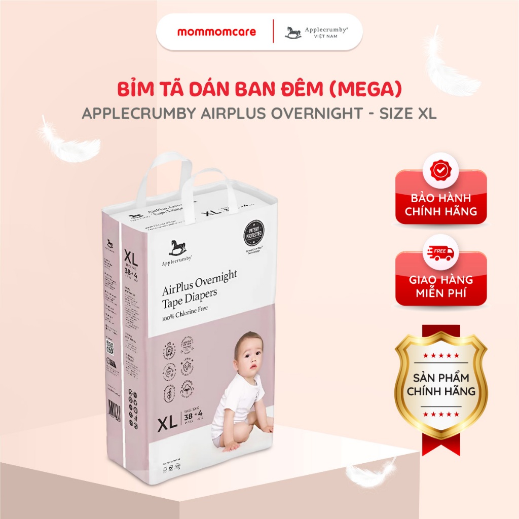 Bỉm tã dán đêm Applecrumby Airplus Overnight Mega Tape Size S–XL an toàn dịu nhẹ cho bé