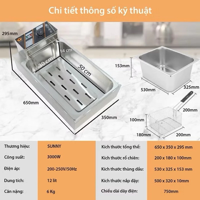 Bếp điện chiên nhúng SUNNY 12L -  2500W hệ thống gia nhiệt kép nóng nhanh, sôi mạnh