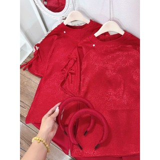 Áo dài cách tân cho bé gái thêu hoa đính nơ đỏ, áo dài tết bé gái sắc đỏ 10-30kg