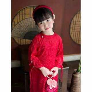 Áo dài cách tân cho bé gái thêu hoa đính nơ đỏ, áo dài tết bé gái sắc đỏ 10-30kg