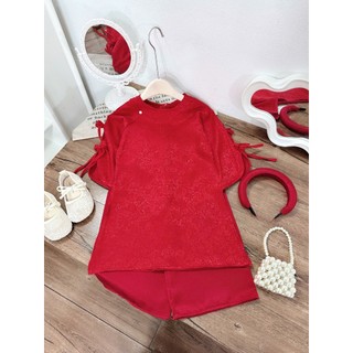 Áo dài cách tân cho bé gái thêu hoa đính nơ đỏ, áo dài tết bé gái sắc đỏ 10-30kg