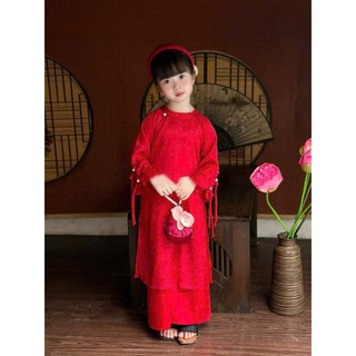 Áo dài cách tân cho bé gái thêu hoa đính nơ đỏ, áo dài tết bé gái sắc đỏ 10-30kg