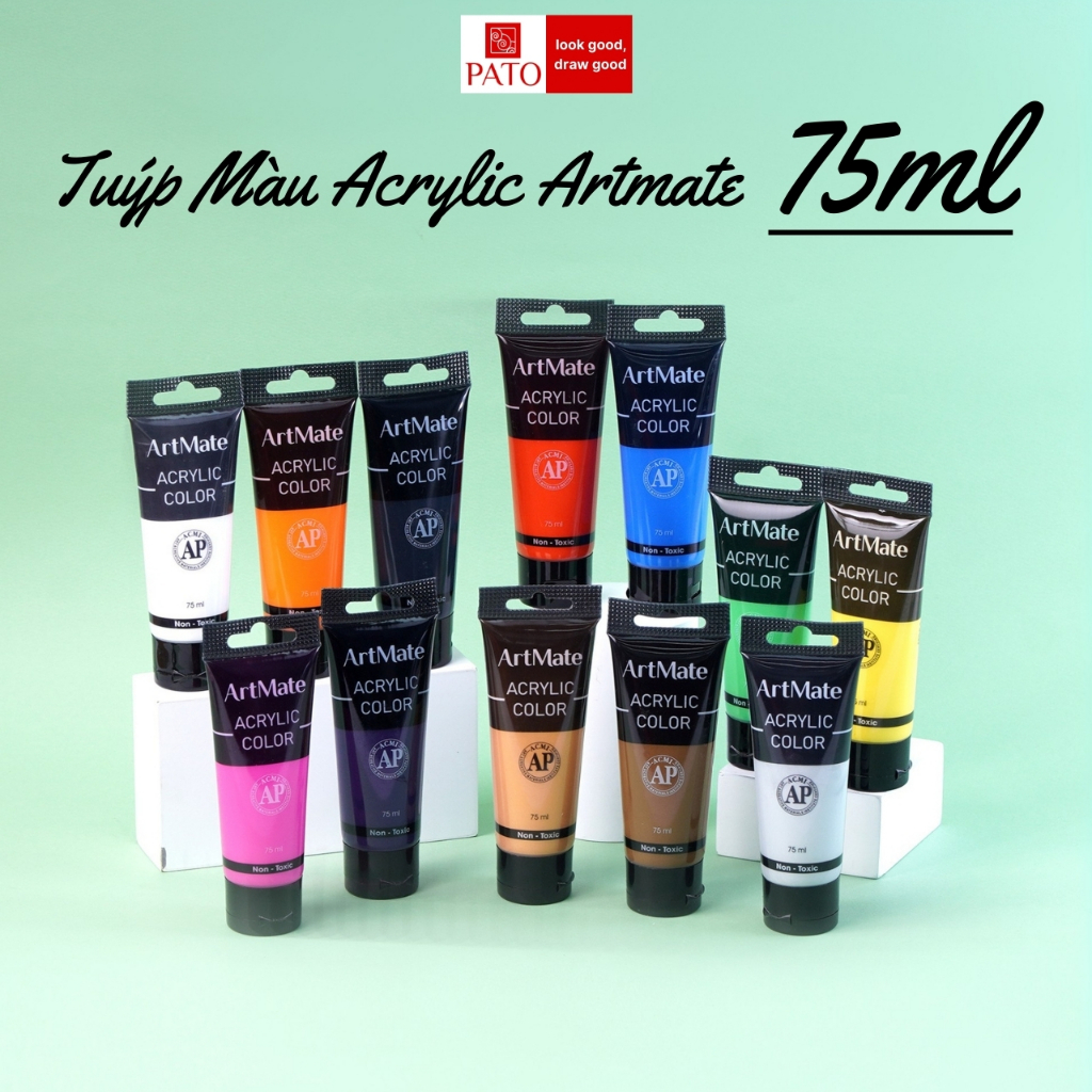 Màu Acrylic Tuýp 75ml 12 Màu Tươi Sáng, Độ Che Phủ Cao, Chồng Được Màu, Chống Nước, Vẽ Trên Đa Chất Liệu Vẽ Tranh AC0004
