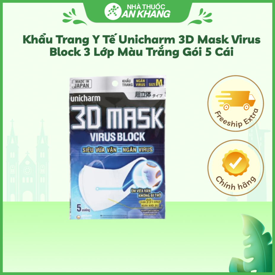 Khẩu trang y tế Unicharm 3D Mask Virus Block 3 lớp màu trắng gói 5 cái