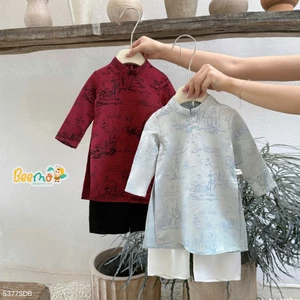 Áo dài tết vải gấm hoạ tiết bé trai, set áo dài bé trai áo gấm quần lụa Beemo