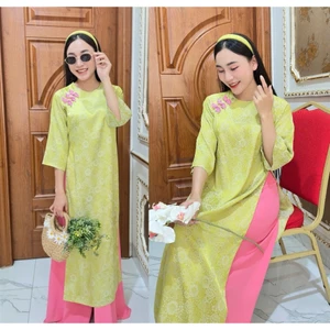 Set Quần ống rộng lụa mỹ truyền thống Áo dài cách tân suông xanh cốm không cổ tay lỡ phối khuy vải hồng trẻ trungT1461G