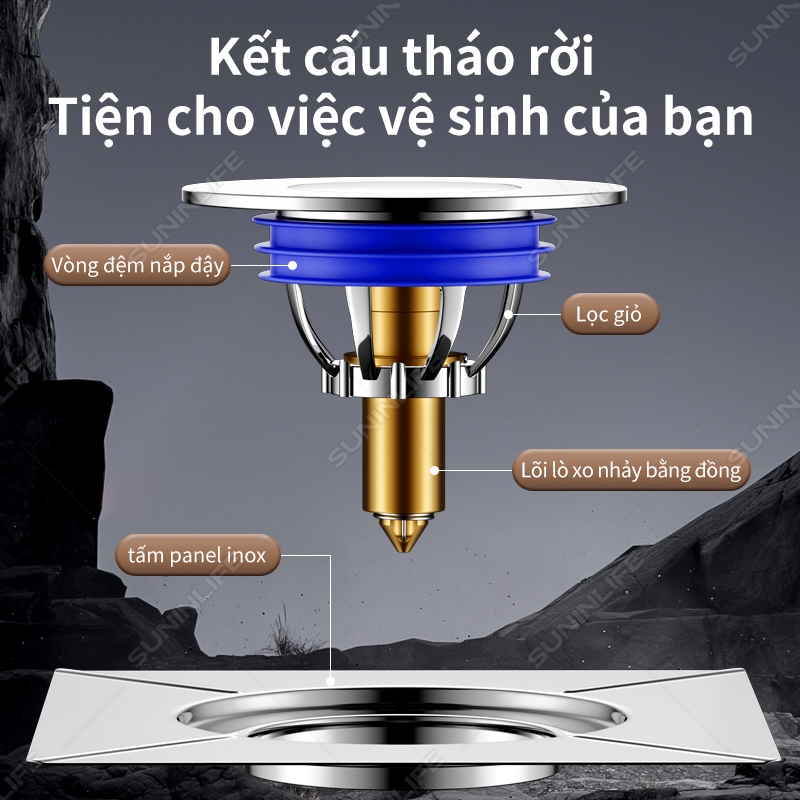 Nắp Thoát Sàn Ngăn Mùi Hôi Cống Inox Cao Cấp - Nhấn Xả Tiện Lợi, Chống Côn Trùng Nhà Tắm
