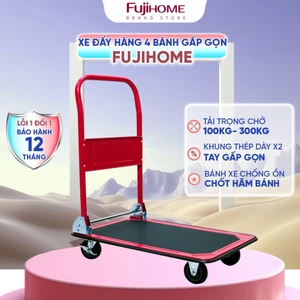 Xe đẩy hàng 4 bánh gấp gọn 150kg - 300kg FUJIHOME Nhập khẩu, xe kéo hàng xếp gọn bánh xe cao su siêu bền chống ồn