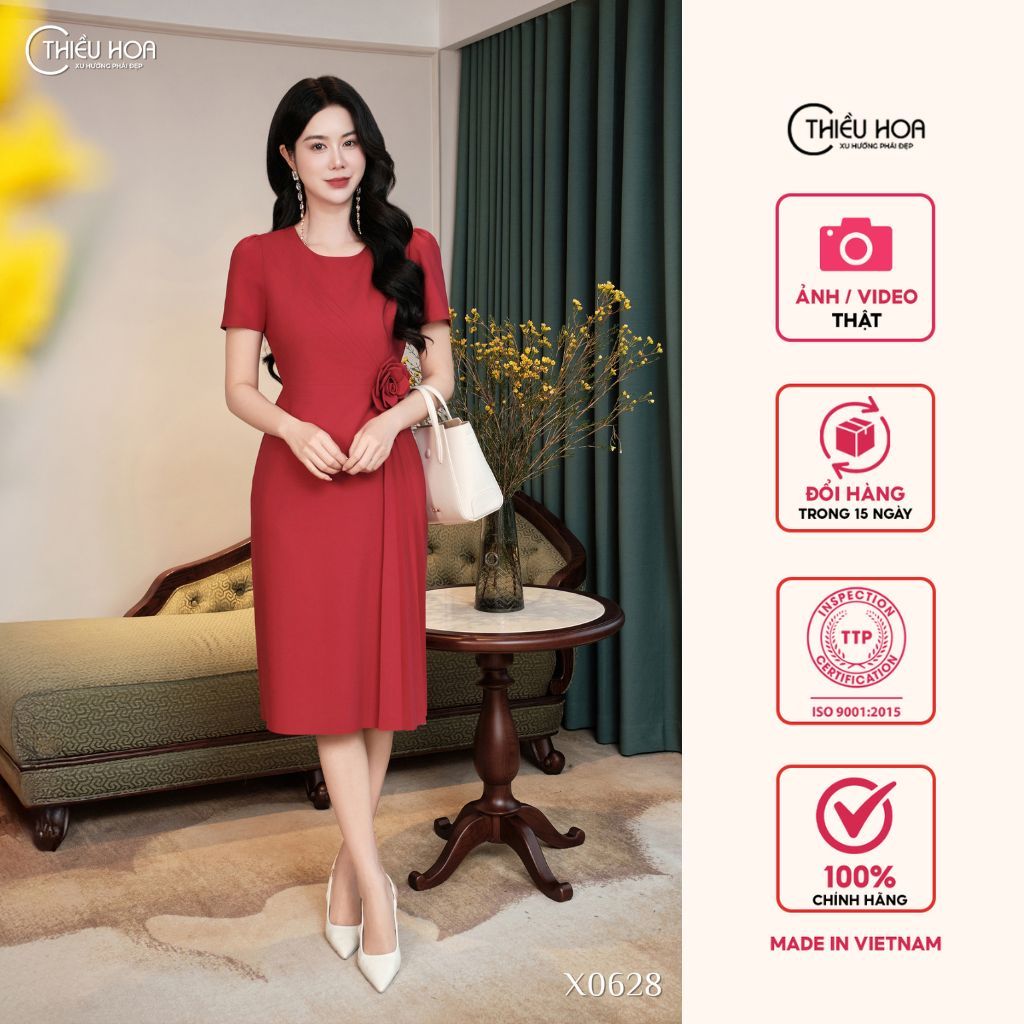Đầm trung niên dáng bút chì chiết eo, chất Cotton Lạnh đứng phom thương hiệu Thiều Hoa DD5X0628