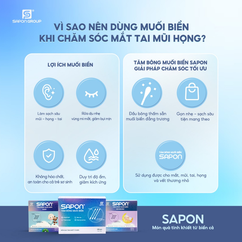 Combo 10 hộp Tăm bông cho bé sơ sinh SAPON NewBorn 200 que thân giấy đầu siêu nhỏ bông mềm(TB02-106)