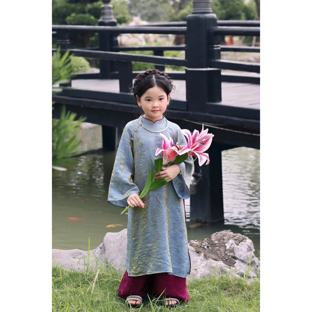 Áo Dài Cách Tân tơ óng  Cho Bé-Lung Linh Ngày Tết-BE01