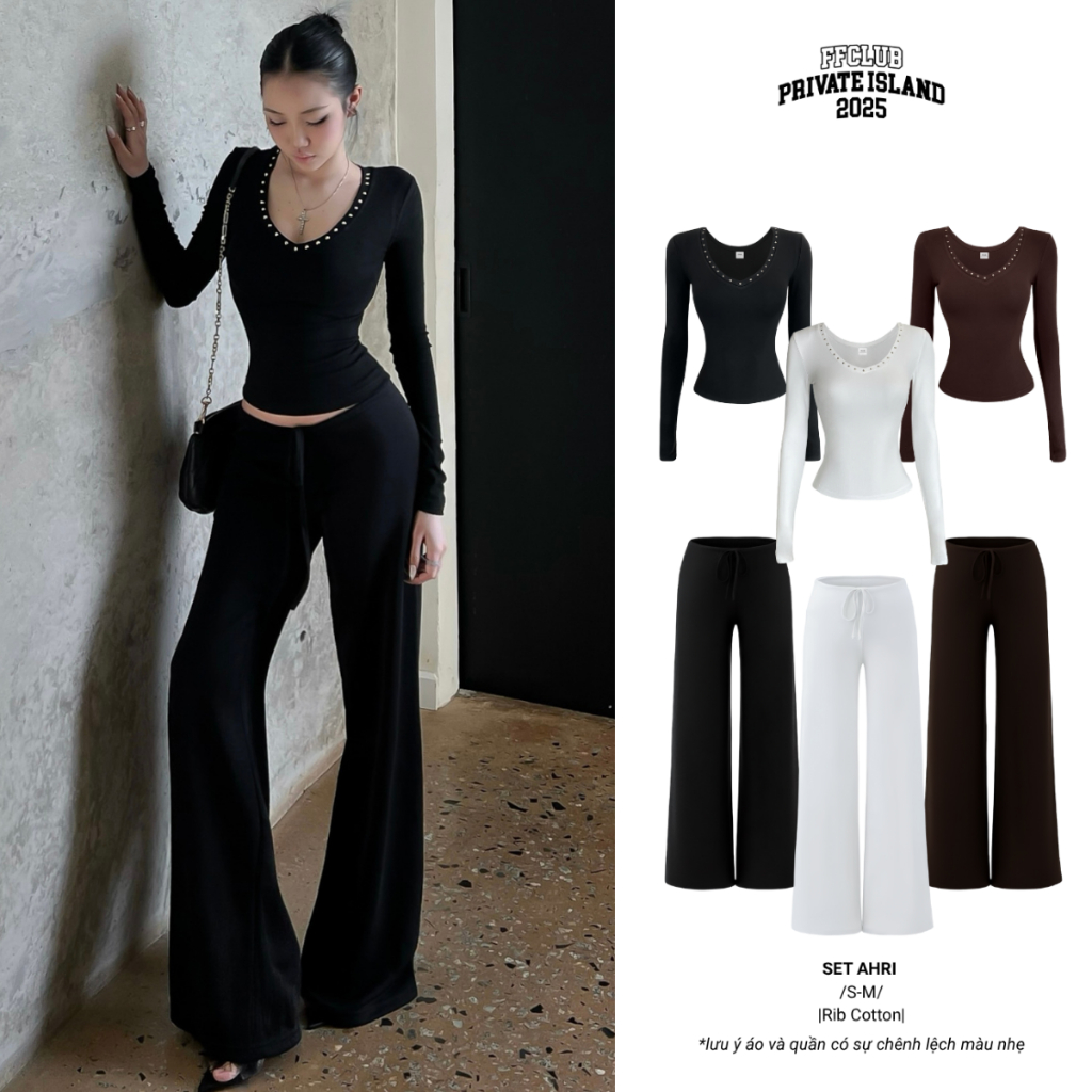 ÁO THUN CỔ TIM ĐINH TÁN AHRI COTTON RIB & QUẦN DÀI DÁNG SUÔNG POLY FFCLUB