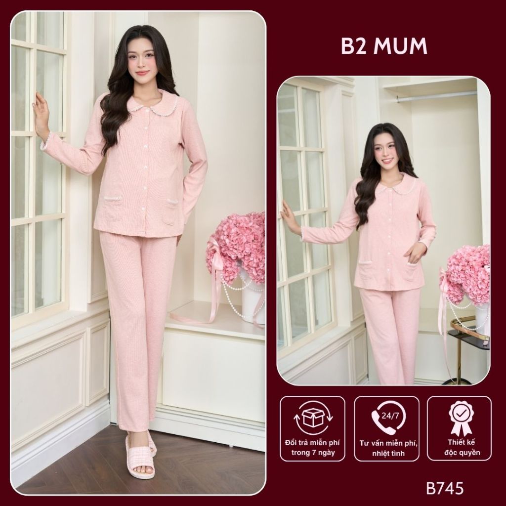 Bộ bầu mặc nhà cho con ti tiện lợi, vải len tăm cao cấp, mềm mượt, cổ sen - B745 B2MUM
