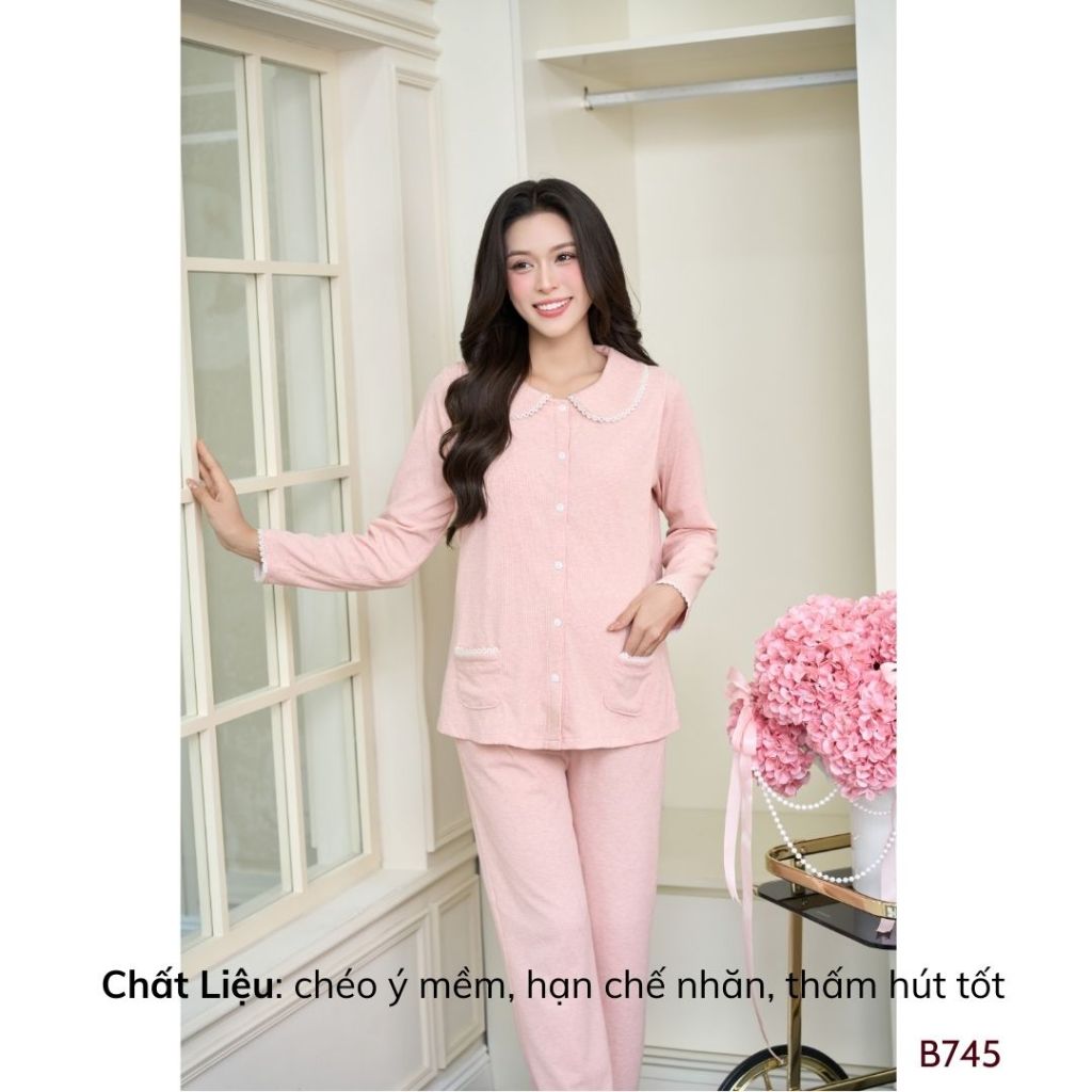 Bộ bầu mặc nhà cho con ti tiện lợi, vải len tăm cao cấp, mềm mượt, cổ sen - B745 B2MUM