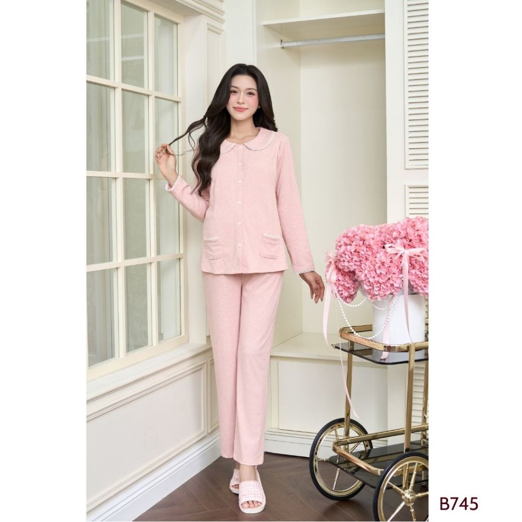 Bộ bầu mặc nhà cho con ti tiện lợi, vải len tăm cao cấp, mềm mượt, cổ sen - B745 B2MUM