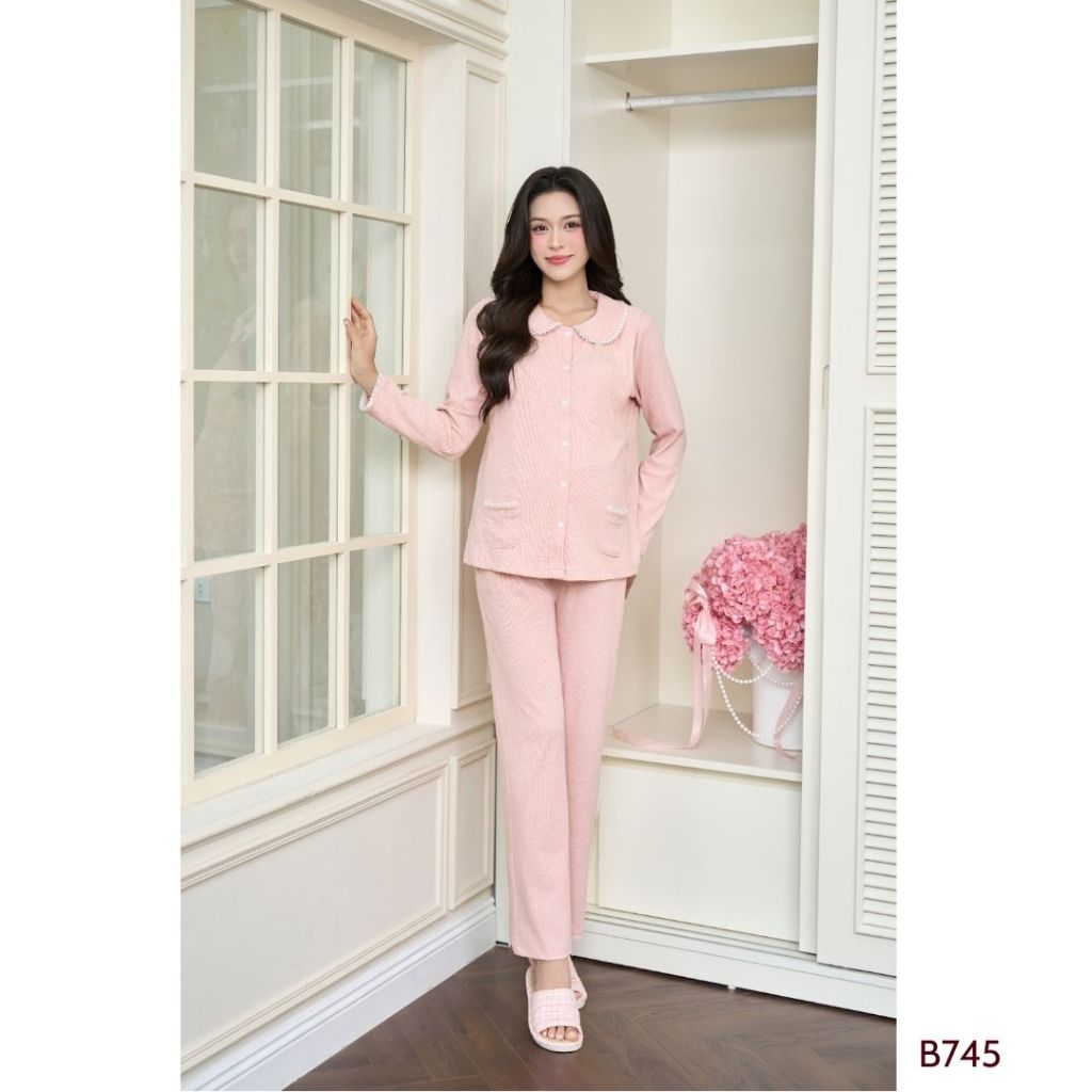 Bộ bầu mặc nhà cho con ti tiện lợi, vải len tăm cao cấp, mềm mượt, cổ sen - B745 B2MUM