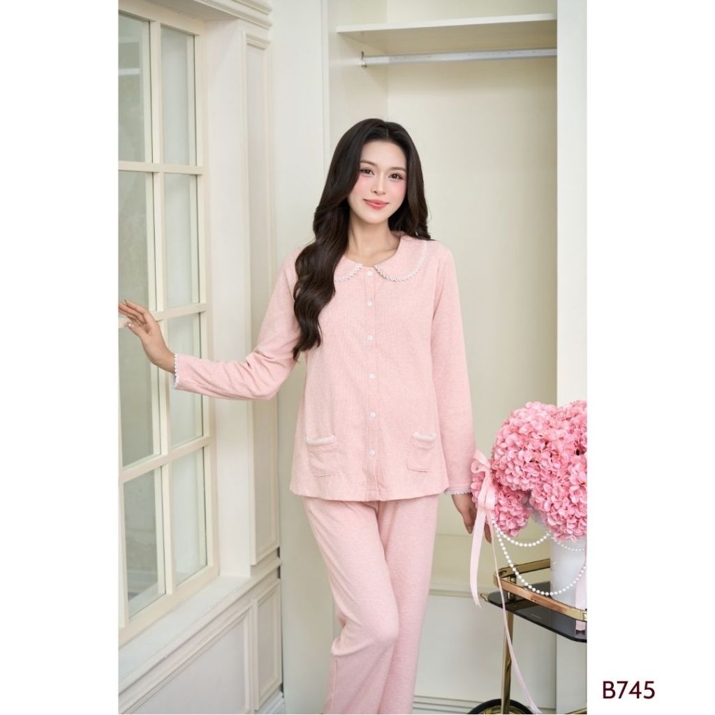 Bộ bầu mặc nhà cho con ti tiện lợi, vải len tăm cao cấp, mềm mượt, cổ sen - B745 B2MUM
