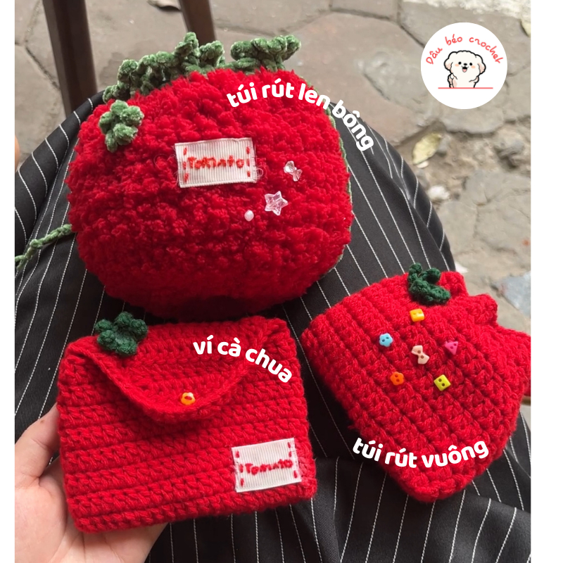 (sẵn ) Túi, ví cà chua bằng len Dâu béo Crochet, túi rút, túi đựng mỹ ...