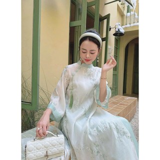Sét áo dài thời trang nữ chất Tơ thêu họa tiết phối quần suông lụa mỏng mát áo cổ đứng tay lững tăng vẻ đẹp thanh thoát