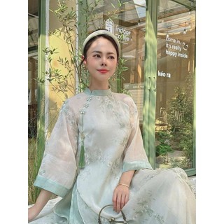 Sét áo dài thời trang nữ chất Tơ thêu họa tiết phối quần suông lụa mỏng mát áo cổ đứng tay lững tăng vẻ đẹp thanh thoát