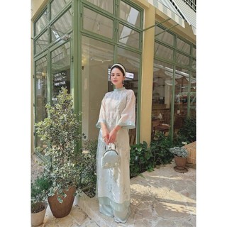 Sét áo dài thời trang nữ chất Tơ thêu họa tiết phối quần suông lụa mỏng mát áo cổ đứng tay lững tăng vẻ đẹp thanh thoát