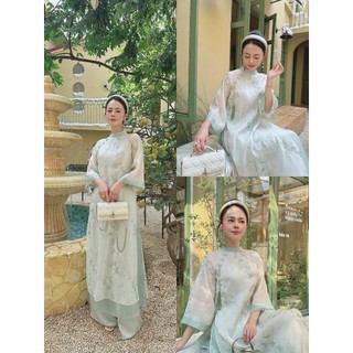 Sét áo dài thời trang nữ chất Tơ thêu họa tiết phối quần suông lụa mỏng mát áo cổ đứng tay lững tăng vẻ đẹp thanh thoát