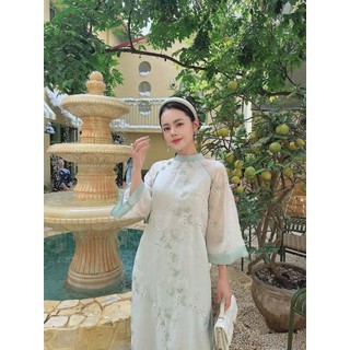 Sét áo dài thời trang nữ chất Tơ thêu họa tiết phối quần suông lụa mỏng mát áo cổ đứng tay lững tăng vẻ đẹp thanh thoát